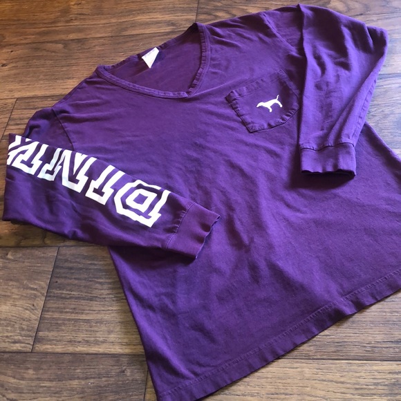 PINK Victoria's Secret Tops - PINK Purple V-Neck Logo Long Sleeve Shirt